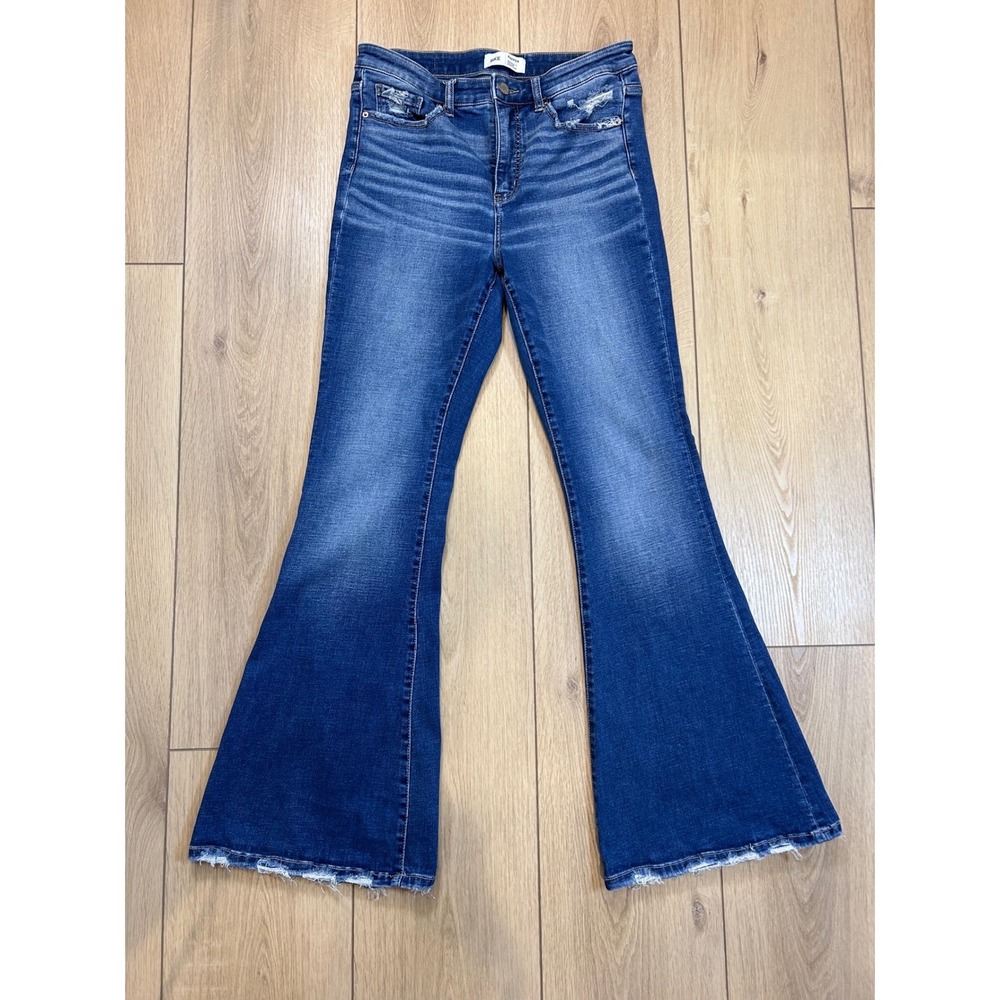 BKE Parker High Rise Super Flare Jeans 29x33.5 Medium Wash Distressed Raw Hem